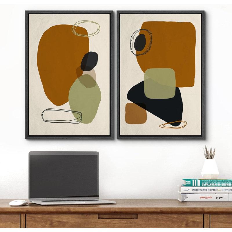 Mid Century Shape " Mid-Century Brown & Green Polygon Symbol Variety Abstract Shapes Modern Geometric " 2 - Pieces