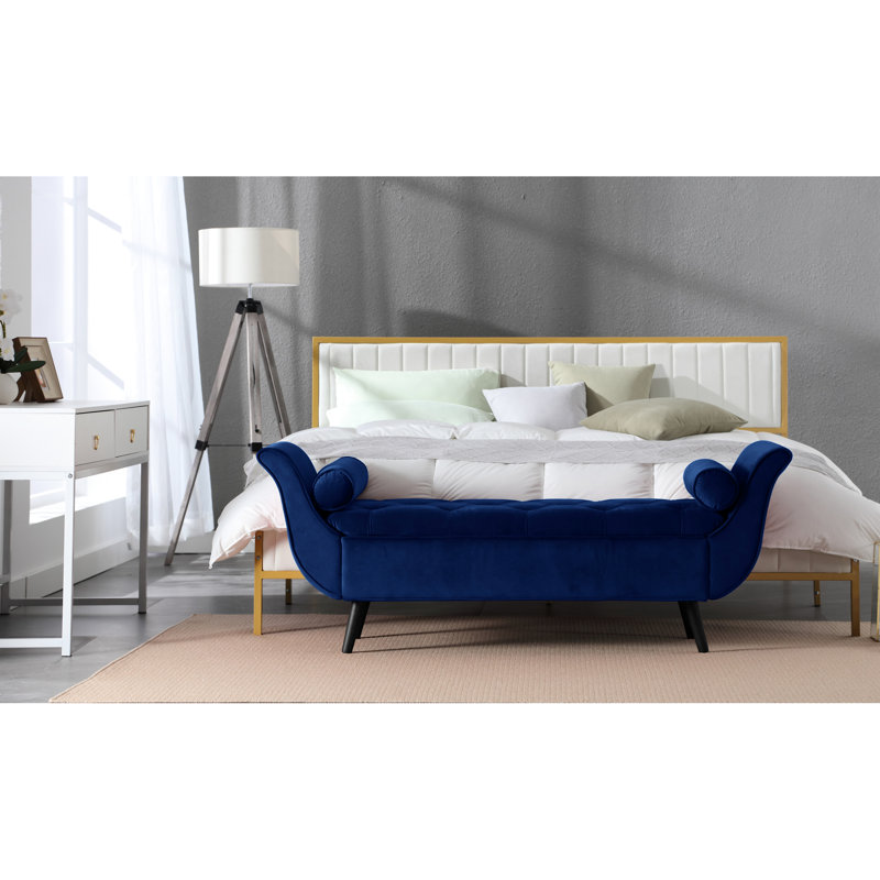 Modern 65-Inch Bench, Velvet Finish, Living Room Entryway Feature Decor Item Hall Tree Design Upholstered, Bedroom, Navy