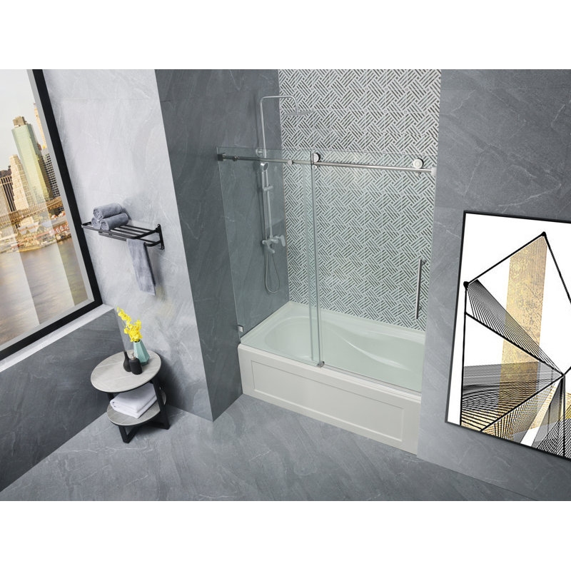 60'' - W x 62'' H Single Added Door Frameless Tub Door with, Nickel