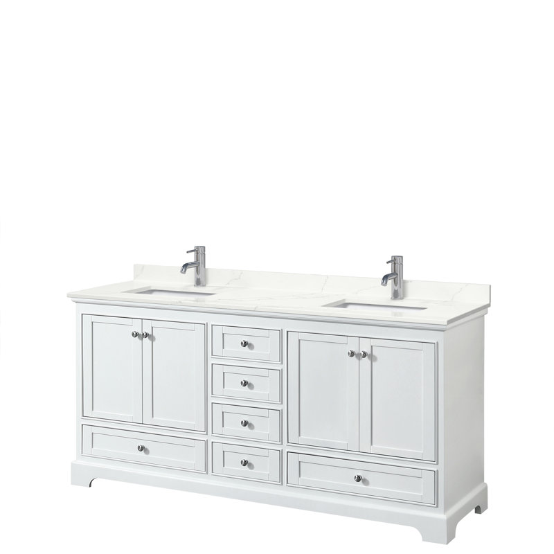 Meuble-lavabo double autoportant Deborah avec plateau en quartz, Quartz Giotto, Blanc, Chrome poli