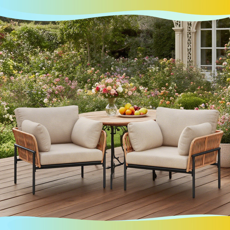 Méridienne moderne en corde 36 po - coussins imperméables beiges + structure en fer - mobilier de patio intérieur / extérieur Boho Chic (ensemble de 2)