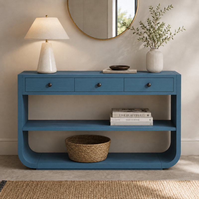 Console Velmori 55 po avec 3 tiroirs à fermeture en douceur et tablettes ouvertes, Blue