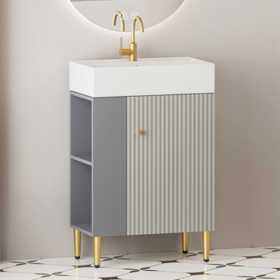 Meuble-lavabo moderne à tablettes ouvertes de 21,6 pouces avec lavabo en céramique, porte à fermeture en douceur et rangement à gauche, assemblage requis