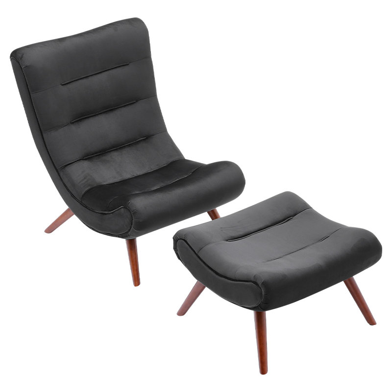 Aeliana Upholstered Accent Chair with Footstool, Black Velvet 