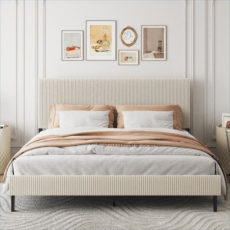 Bedroom Use King Size Platform Bed Frame, Stable Construction Metal Bed Frame with Bandaged Headboard, Neutral Beige, Simple Elegant Design