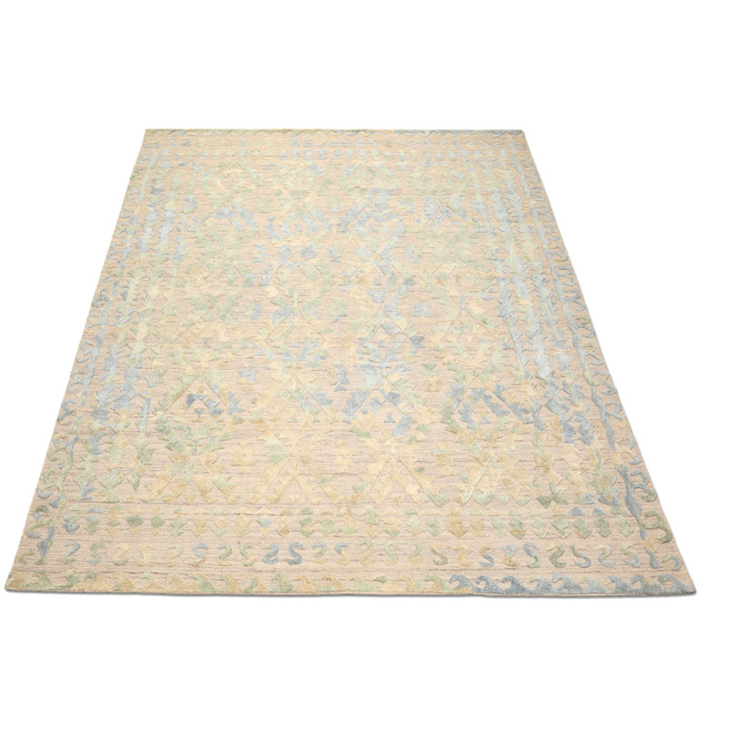 Tapis vert taupe en laine noué à la main 8 pi 3 po x 10 pi 2 po