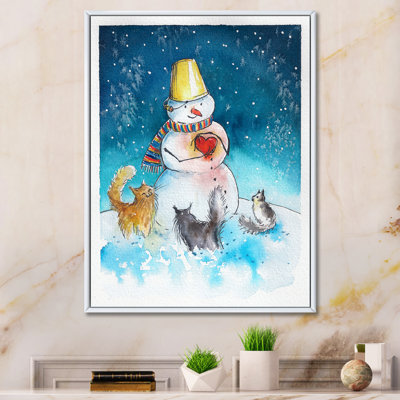 Adorable bonhomme de neige avec petits chats - reproduction d'art sur toile