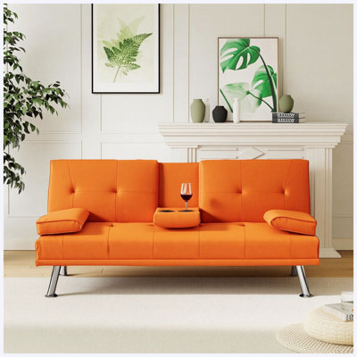 Canapé-lit convertible | Canapé-lit pliant double en cuir orange 67 po avec table basse 67 pouces