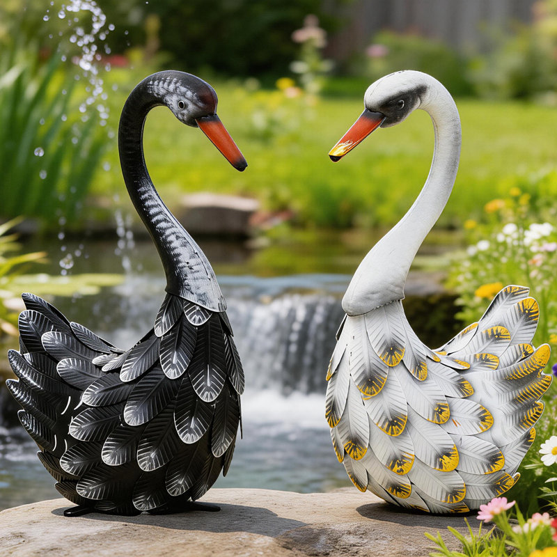 Ensemble de 2 statues de cygne en métal 19 po avec piquets de sol, noir mat et blanc (ensemble de 2)