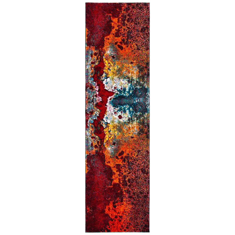 Tapis rouge / orange à motif abstrait Vincenzo, Tapis de couloir 2 pi 3 po x 10 pi