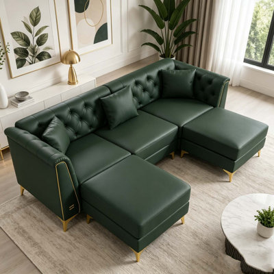 Light Luxury 3-Seater Modular Chesterfield Sofa with 2 Ottomans, Faux Leather and Metal Legs