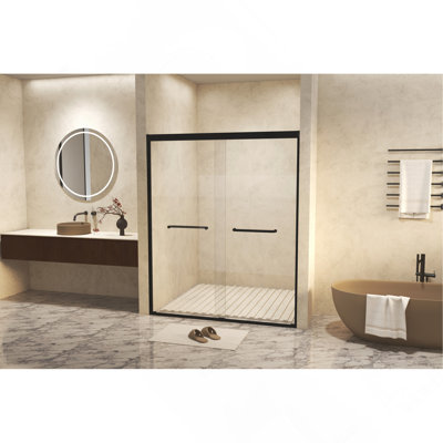 48"W × 72"H Tempered Glass with Explosion Proof Film, Aluminum Frame Double Sliding Shower Door, "1/4 (6 mm), Stainless Steel handle, Matte Black