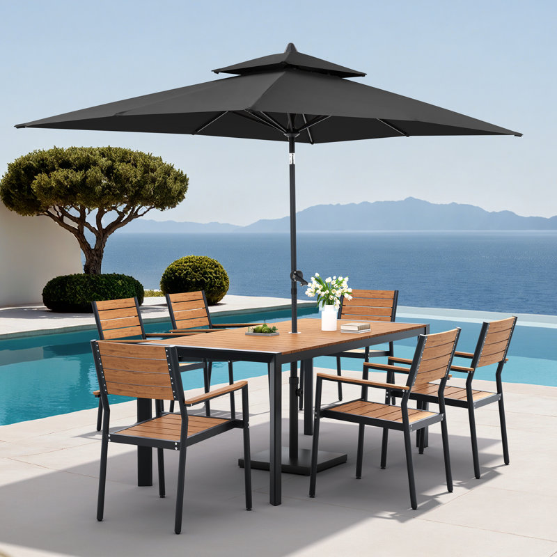 Ensemble repas pour 6 personnes en aluminium avec chaises empilables, parasol de patio et base lestée, Noir, Brun