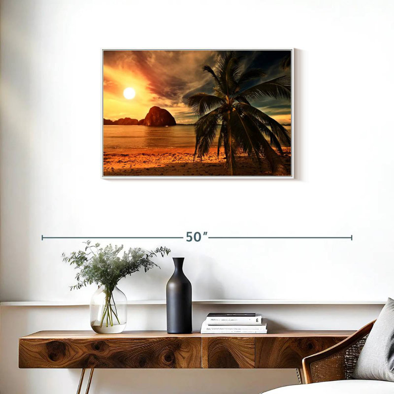 Coucher de soleil sur la plage chaude, Cadre flottant blanc, 31 po x 21 po