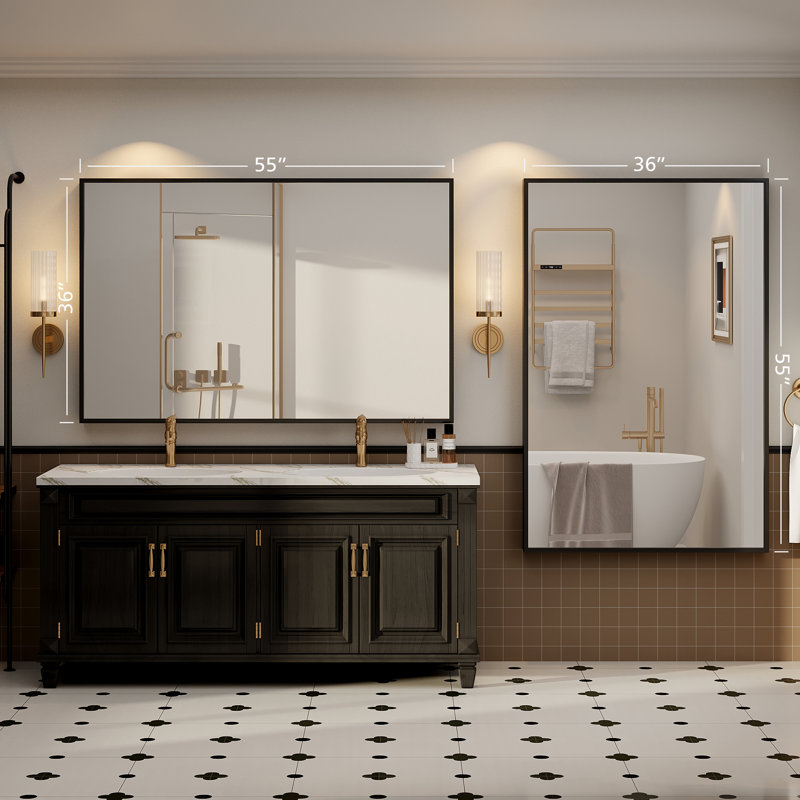 Molly Tempered Glass and Metal  Alloy Square-Corner Framed French Cleat Mounted Wall Bathroom / Vanity Mirror, 55" x 36"