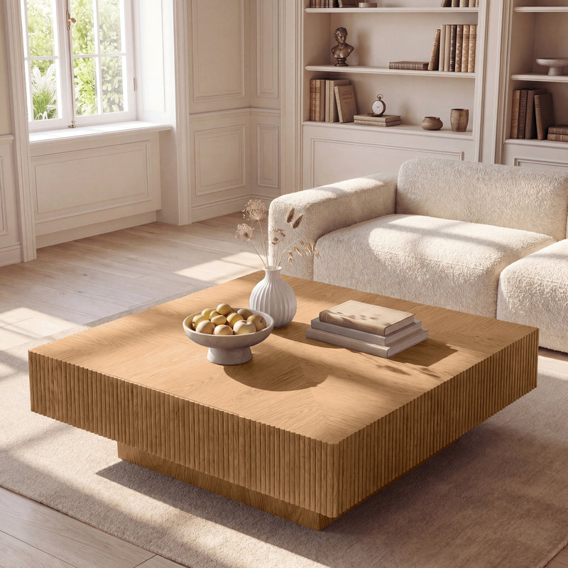 Table basse carrée en bois massif de 100 cm (39,4 pouces) avec 2 tiroirs, finition cannelée artisanale., Natural