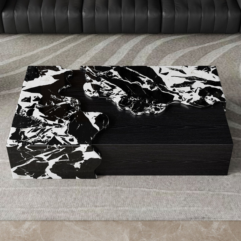 Exquisite Contemporary Stream Form Marble Coffee Table With Flowing Water Form Finish And Wood Veneer Base, Rectangular Black