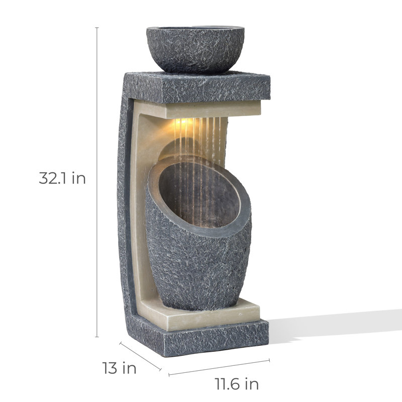 Abdulameer 32''H Gray Resin Column Outdoor Fountain with Built-In Planter and LED Light