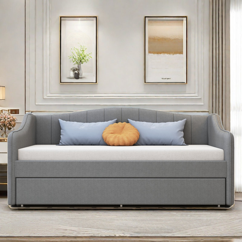 Modern Upholstered Daybed with LED Belt and Trundle Taniece, Gray