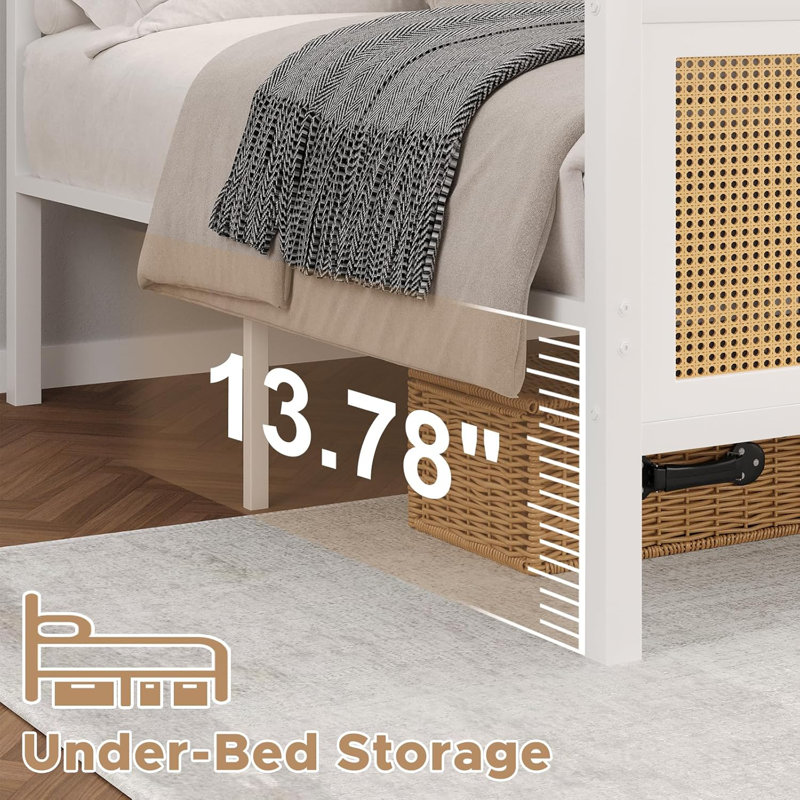 Rattan Bed Frame With Headboard, Boho Cane Platform Bed Frame With Strong Metal Slat, Noise Free, Full, White