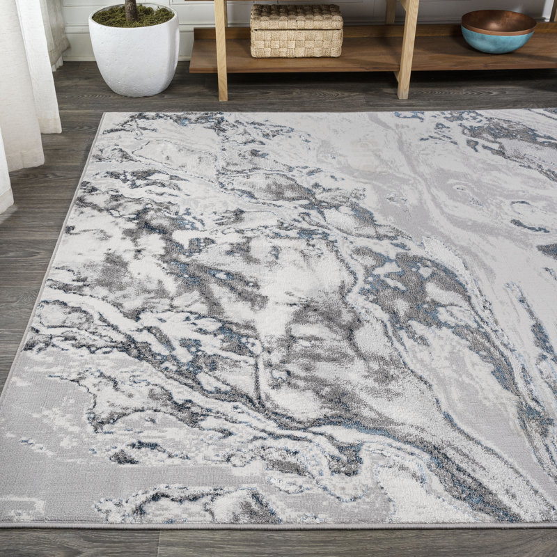 Swirl Marbled Abstract Gray/Blue Rug, Rectangle 4' x 6'