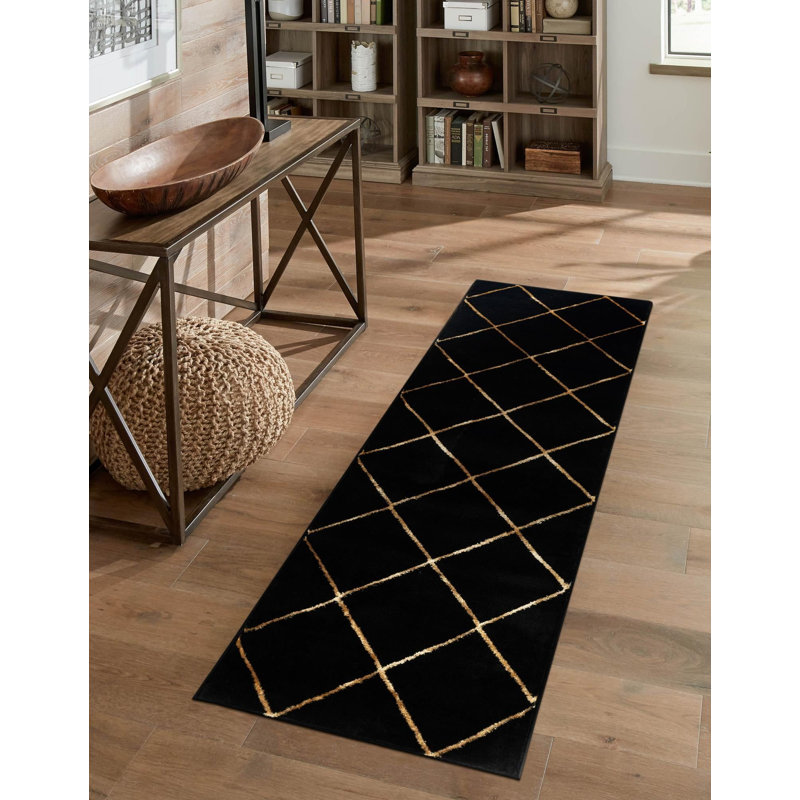 Étowah contemporain noir et doré, Tapis de couloir 2 pi x 8 pi