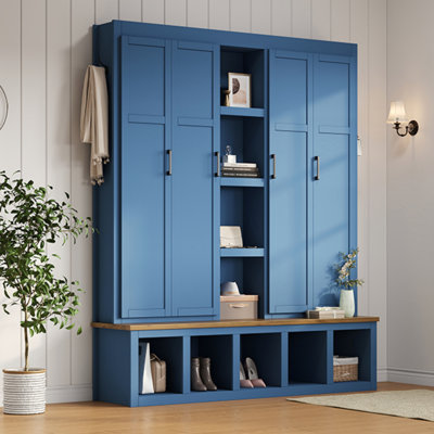 Farmhouse 4-in-1 Hall Tree with 6 Hooks, Storage Bench, and Shoe Cabinet for Entryway, Living Room
