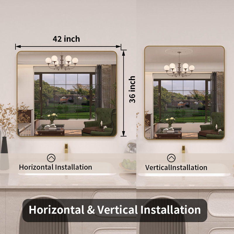 Lucha Gold Framed Wall Mounted Bathroom Vanity Mirror with Tempered Glass, Gold, 42" x 36"
