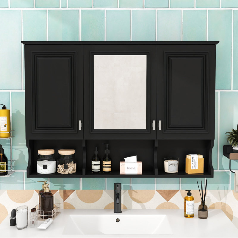 Armoire à pharmacie murale à miroir avec tablettes réglables, portes et rangement ouvert, Noir