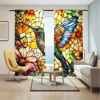 2Pcs Stained Glass Style Hummingbird Curtain Panels, Colorful Floral Bird Design Window Drapes, Vibrant  Art Nature Decor, Light Filtering Rod Pocket Curtains for Living Room Bedroom Kitchen Patio Door Office Home