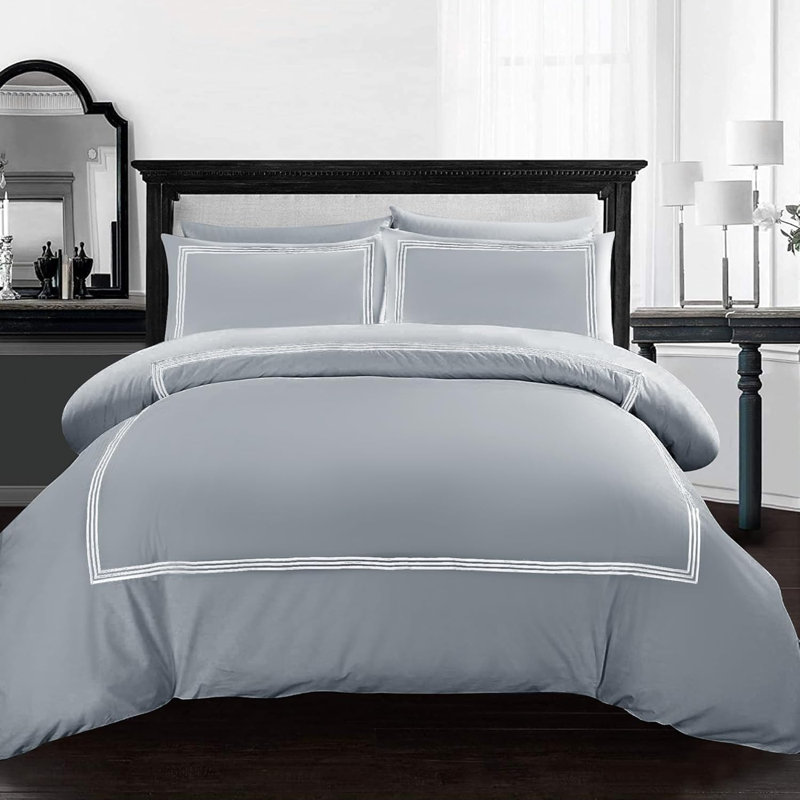 My Home Store Junco Duvet Cover Set Microfiber 3 Piece Luxury Bratta Stitch Duvet Cover Sets With Pillowcase, Grey/White