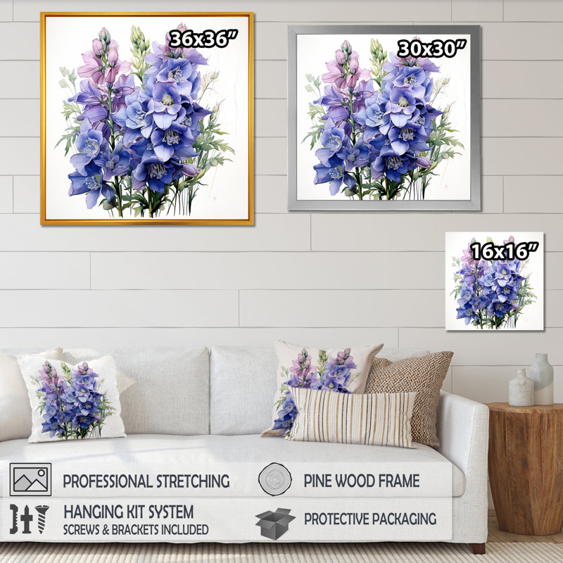 Bleu et mauve, Delphinium, bouquet de fleurs III - Delphinium, art mural, Toile tendue, 36" H x 36" W