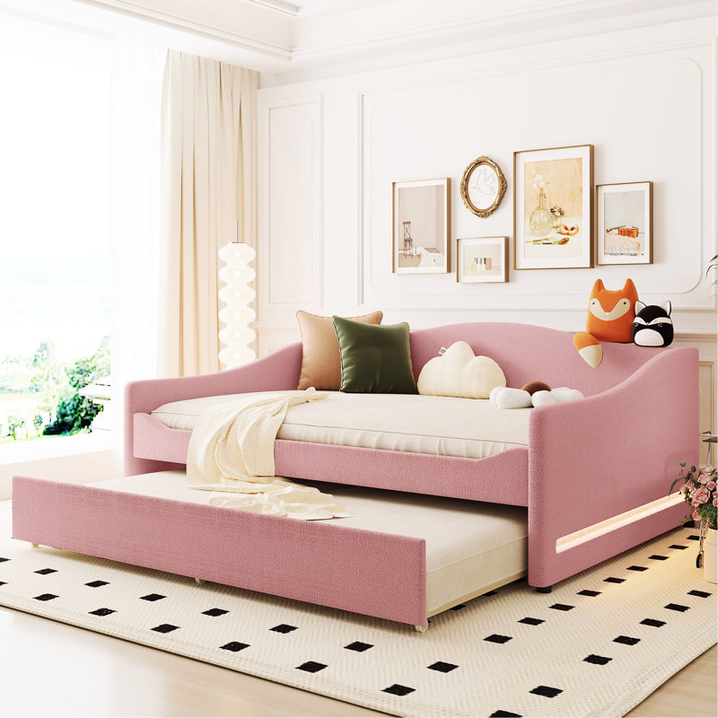 Upholstered Daybed With And Trundle In Pink - Comfortable Rest For Craft Rooms Creative Functional, Full, Pink