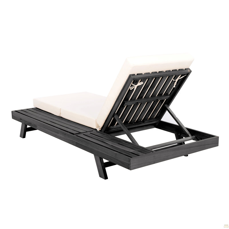 Lounge Chaise Set, Space Available On One Side, Acacia Solid Wood In Black With Lounge Cushion (Cream & Triple Fold), Cream