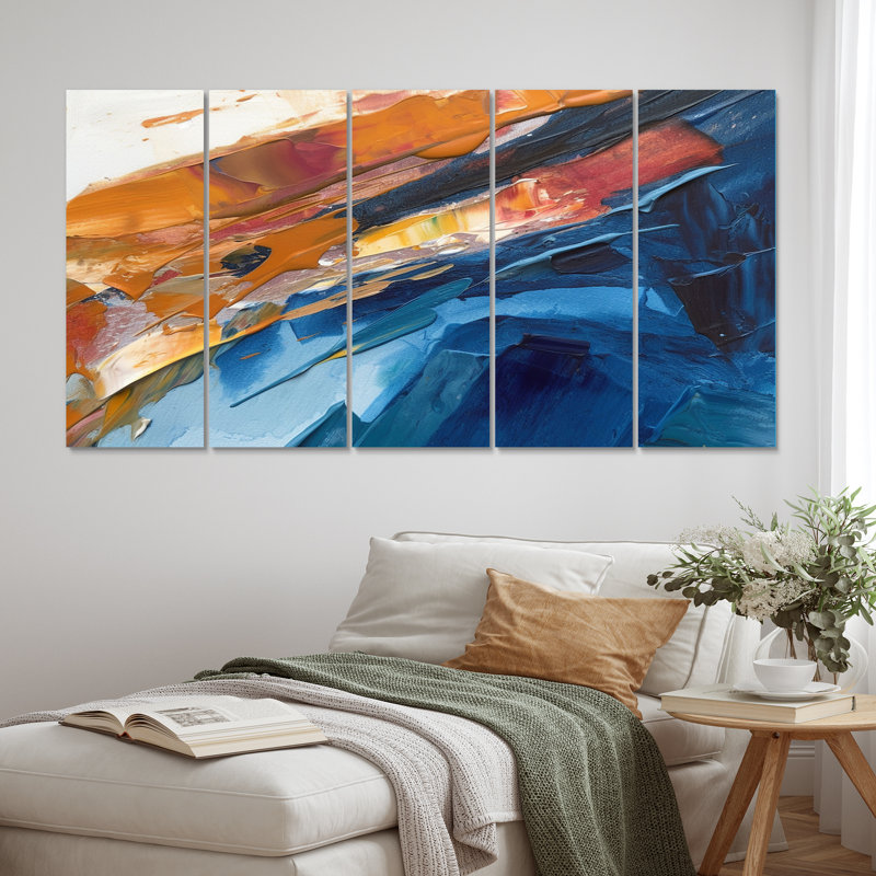 Soirée lueur abstraite orange et bleu royal II - art mural abstrait salon - 5 panneaux égaux