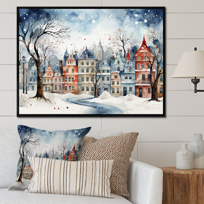 «Christmas village in Winter III - Winter Landscape», art mural encadré, Cadre flottant noir, H 34 po x l 44 po x P 1,5 po