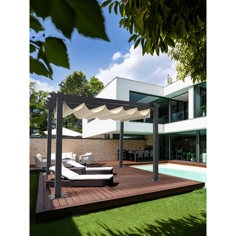 Retractable Canopy Aluminum Pergola with Enhanced Metal Structure, Adjustable Sun Shade for Patio or Garden, 10x10 FT (Grey)