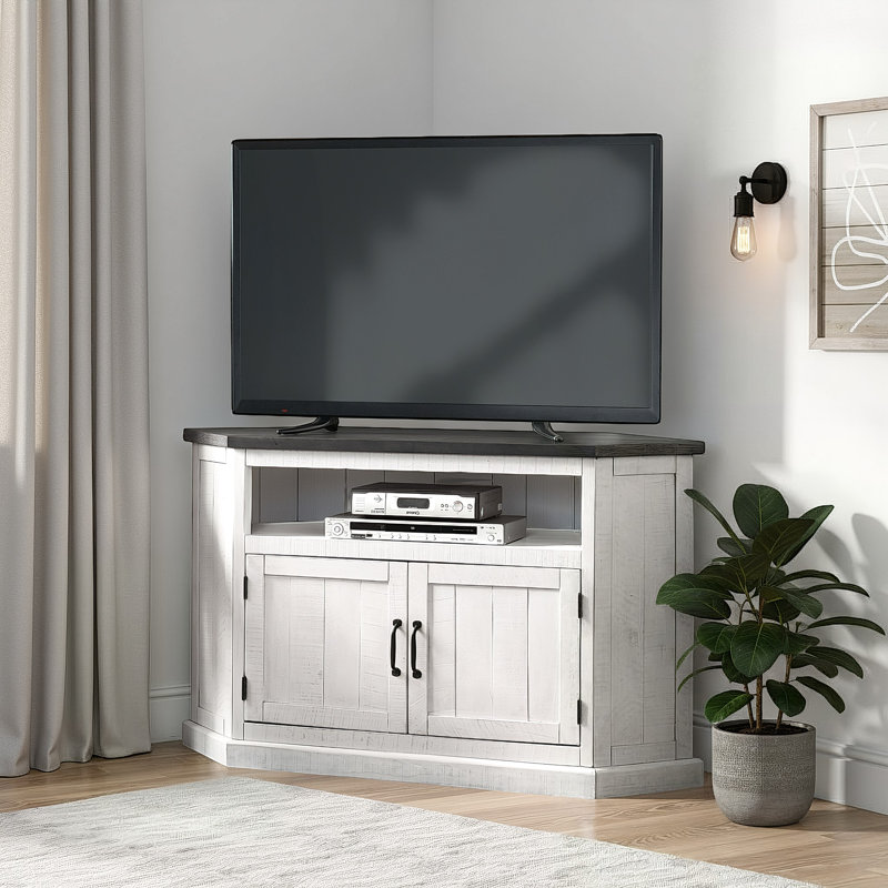 Meuble télé d'angle coin en bois massif 50 po avec rangement Kinsella, Gris / blanc