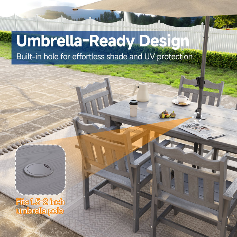 Ensemble de salle à manger d'extérieur 7 pièces avec trou pour parasol, table de patio toutes saisons et 6 chaises pour bord de piscine