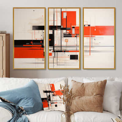 Rouge, noir, blanc, rétro, géométrie, ensemble d'art mural géométrique