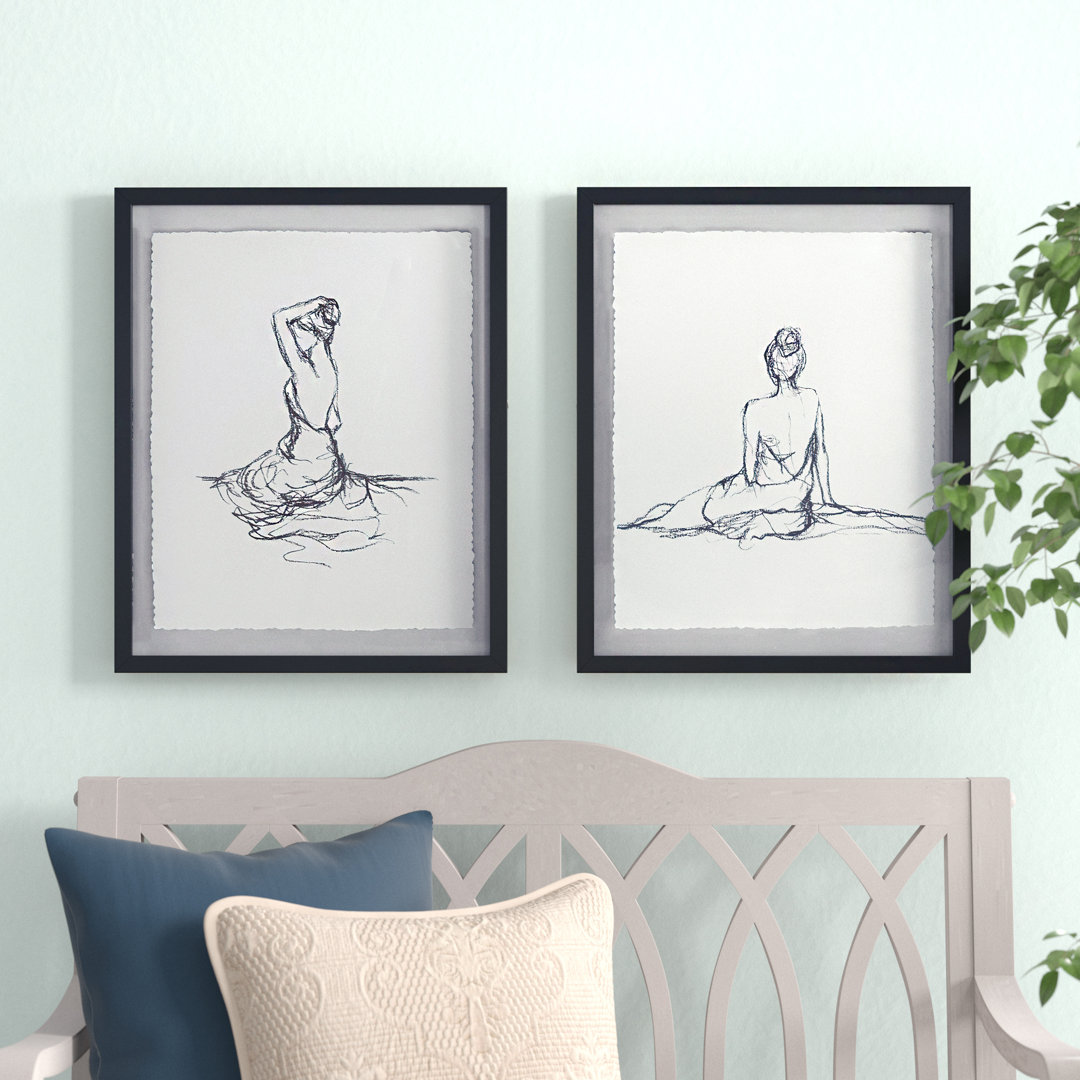 Meisel Feminine Figures Sketch 2-piece Framed Glass and Matted Wall Art Set Three Posts™