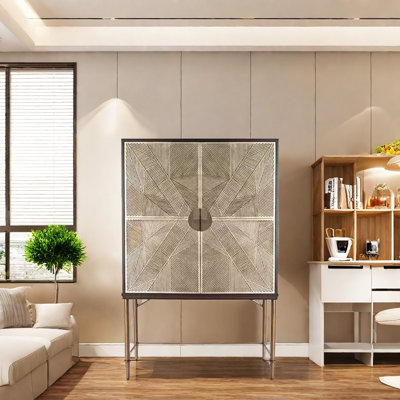 Stainless Steel Solid Wood Carved Accent Cabinet