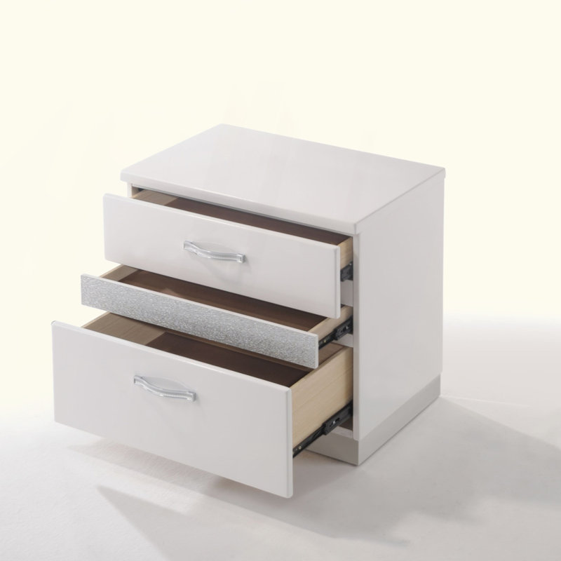 Table de chevet avec finition blanche brillante et 3 tiroirs