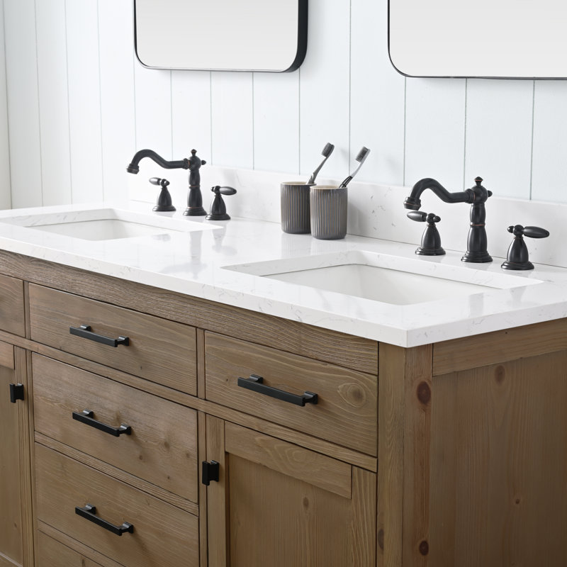Meuble-lavabo double 60 po Ajiya, Blanc de Carrare, Naturel texturé / noir mat