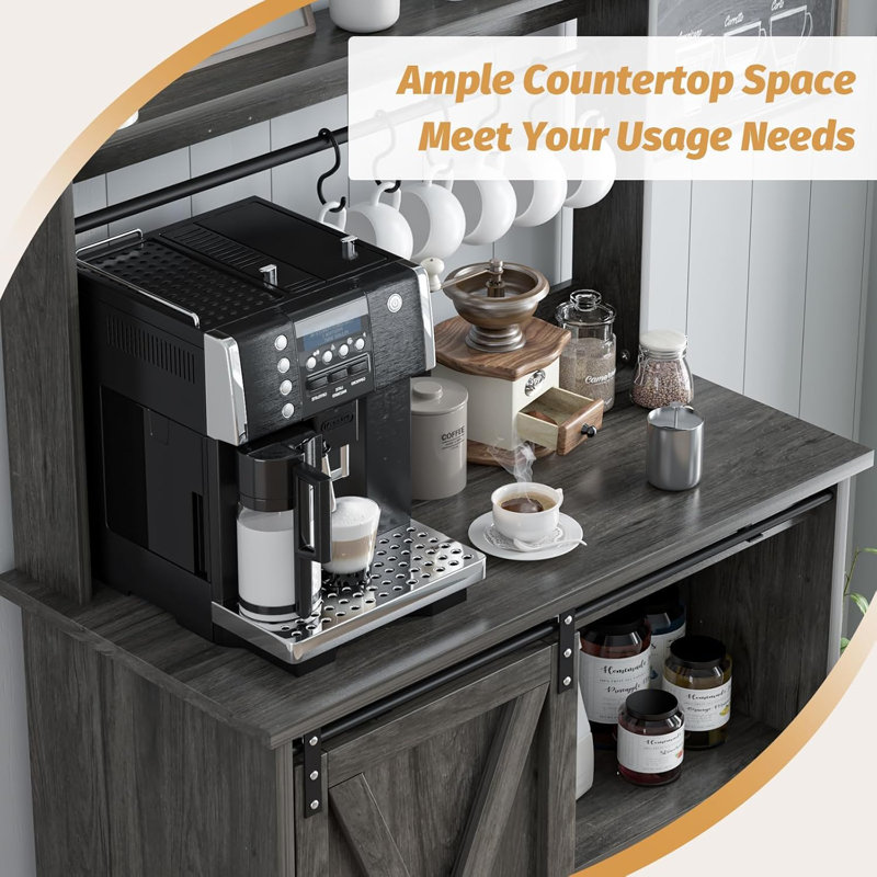 Farmhouse Coffee Bar Cabinet with Storage, Gray Coffee Bar with 6 Hooks, Coffee Bar Table with Sliding Barn Door, Wine Bar Cabinet with Adjustable Shelf for Living Dining Room