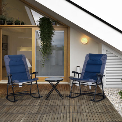 Mobilier de patio extérieur avec 2 chaises berçantes pliantes et table basse en verre, bleu marine, pour le porche, le camping, le balcon de combinaison de 3 pièces pour la cour arrière