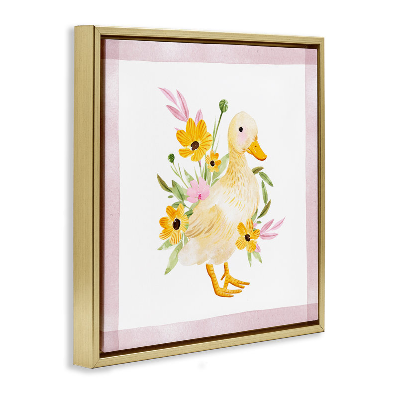"Duck & Yellow Daisies", art mural par Enya Todd, Cadre flottant métallique doré, H 18 po x l 18 po x P 1,7 po