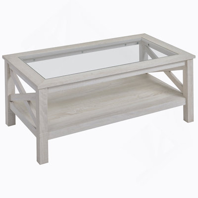 Farmhouse Style Coffee Table With Wood Frame, Tempered Glass Tabletop And Underneath Storage Shelf