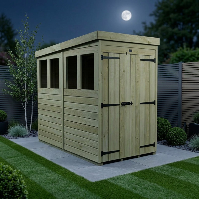 Total Sheds 4ft x 8ft Pent Garden Shed - Double Door - With Windows - Pressure Treated Timber - UK Manufactured