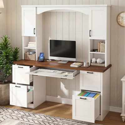Bureau d'ordinateur Farmhouse arqué avec huche, poste de travail Mid-Century en noyer avec station de charge et plateau pour clavier, bureau d'écriture tout-en-un avec tiroir pour bureau, blanc